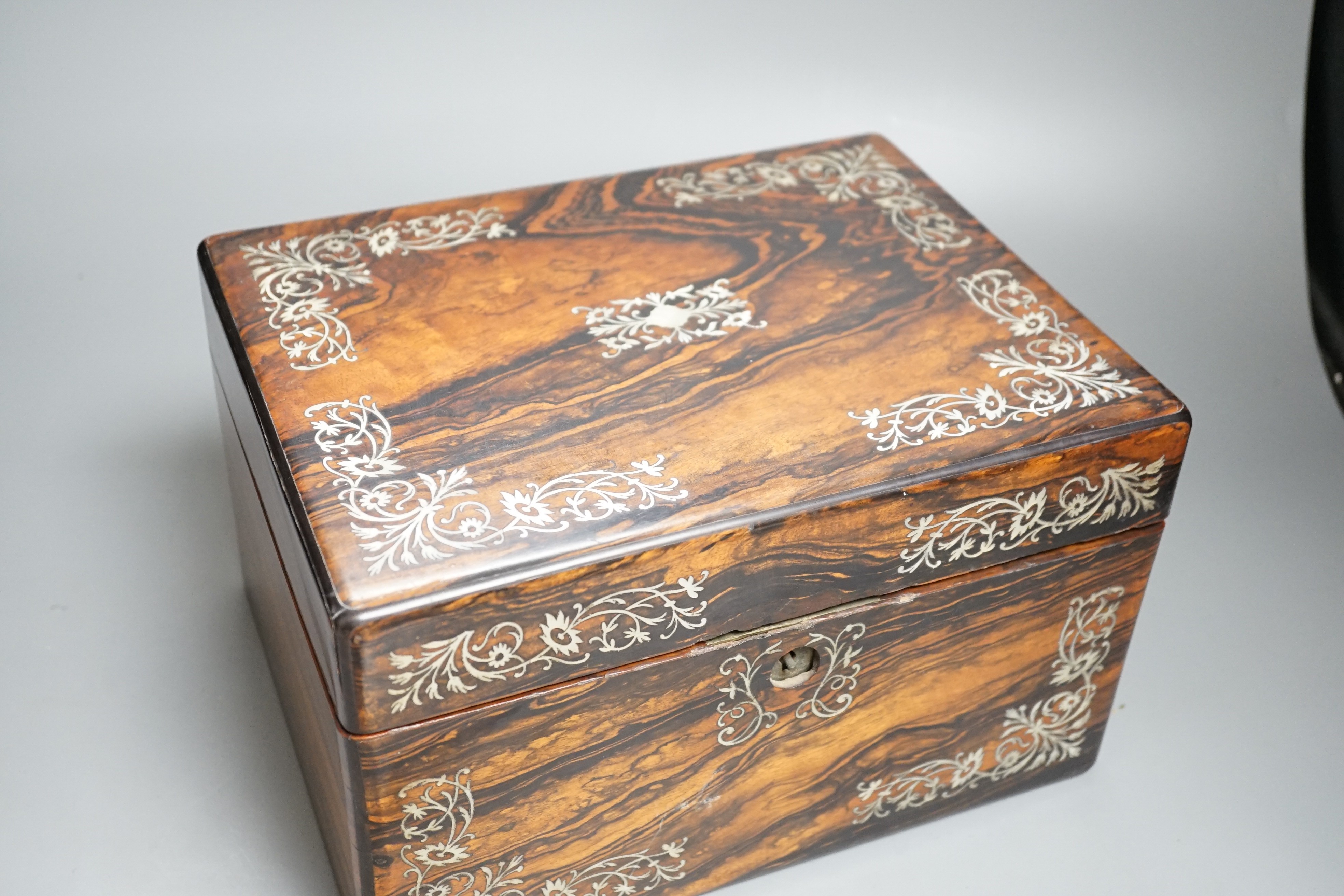 An early Victorian mother of pearl inlaid calamander wood toilet box. Width 28.5cm